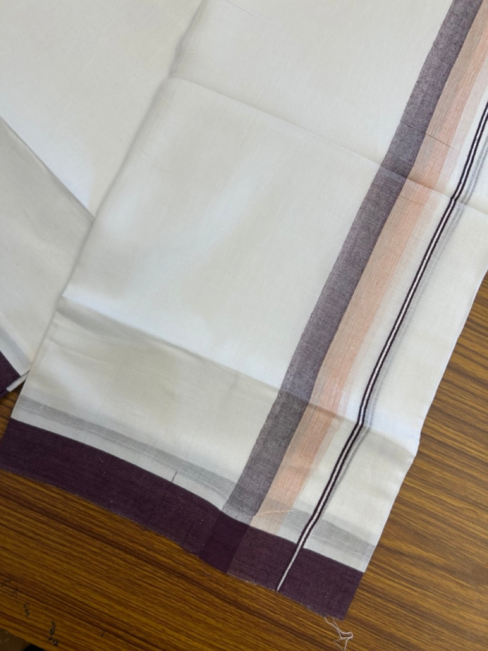 20% Discount ! Kaitharikada Balaramapuram 100% Cotton Pure White Double Mundu/Dothi - 60s - 1.5 inch Wine purple & Light Orange Shaded Kara 3.80 mtr (8 muzham) - 52 KK5299 THI