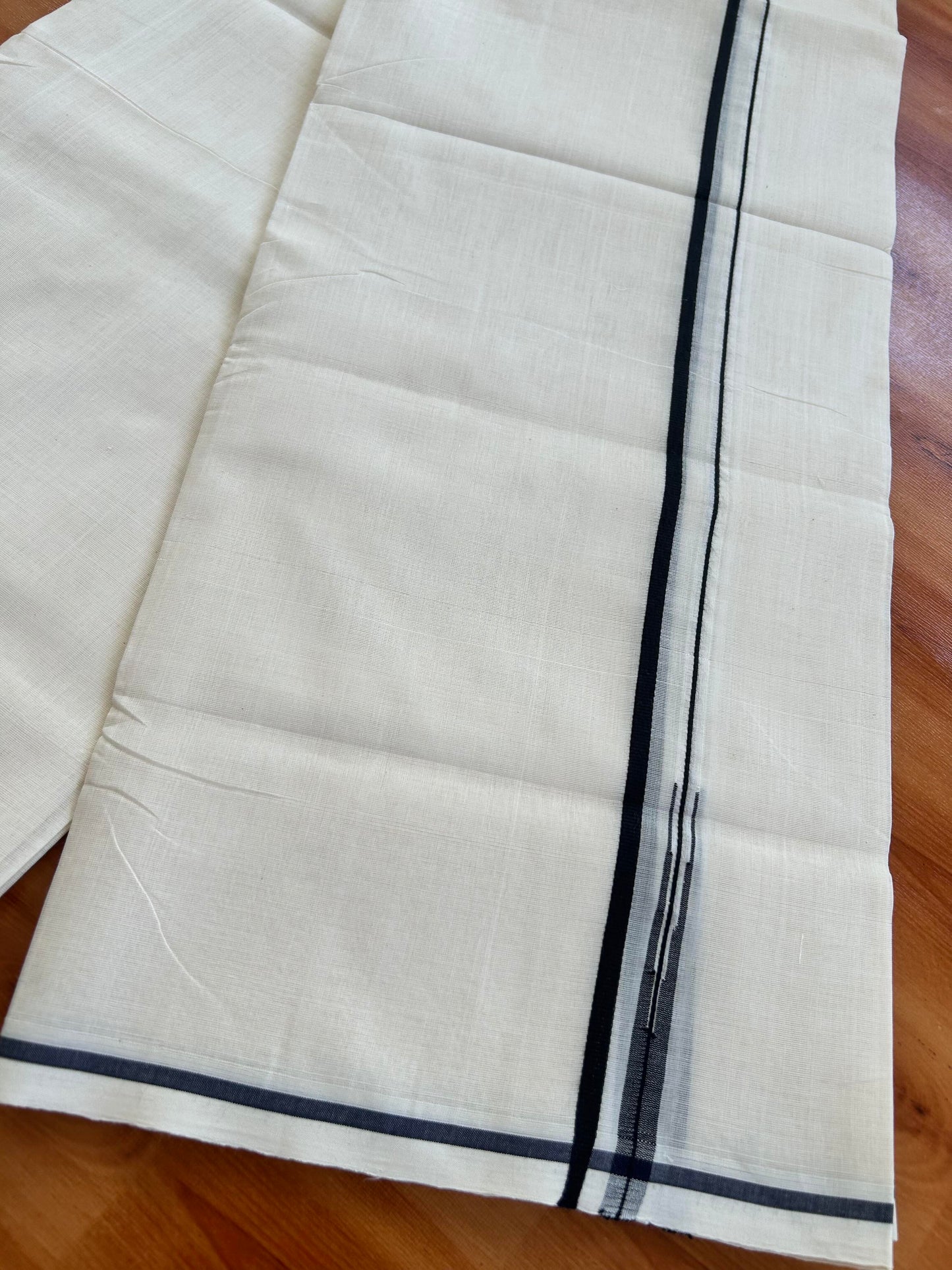 Double Off White (Unbleached) Mundu/Dhoti - 25% Discount!! KaithariKada Handloom Unakkupaav - Kerala Handloom - 100% Pure Cotton - 80x90 - 0.5 inch Black Chutty Kara 4 meter (8.5 muzham) - 15 KK5449 YAR