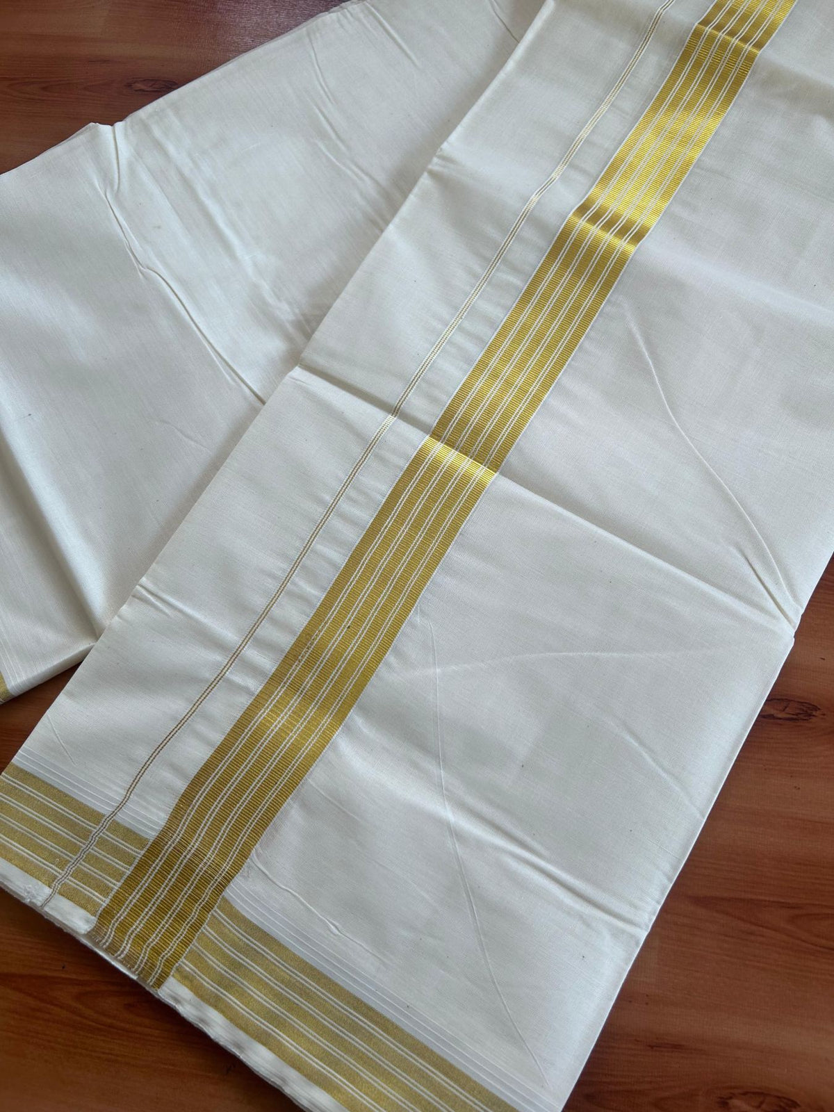 Off White (Unbleached) Double Mundu/Dhoti - 20% Discount ! KaithariKada - Pure cotton - 100x80 - 1.5 inch Gold Kasav Striped Kara 4 mtr (8.5 muzham) - 4 KK5514 VIN