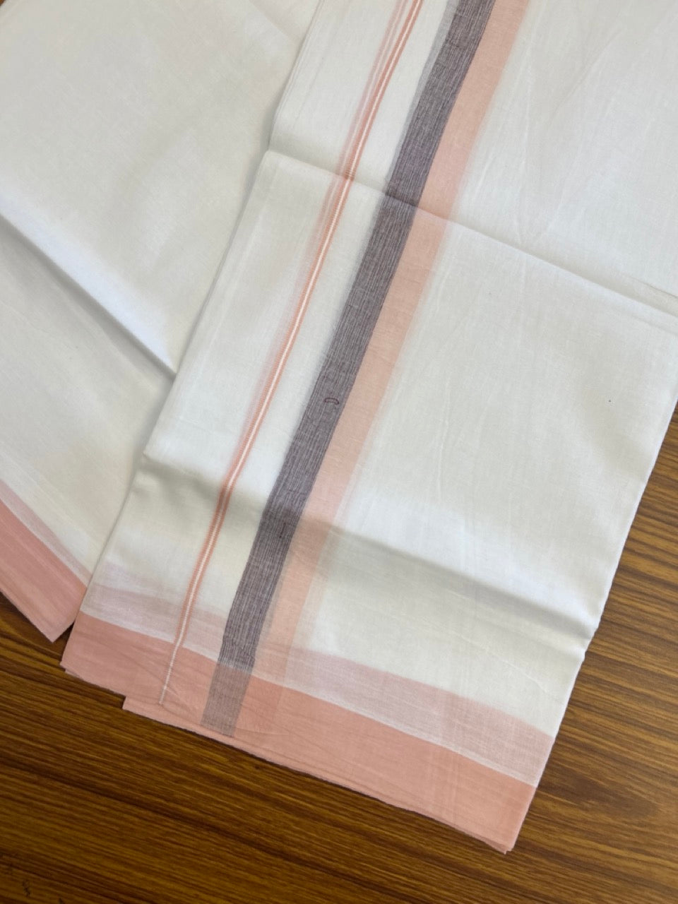 20% Discount ! Kaitharikada Balaramapuram 100% Cotton Pure White Double Mundu/Dothi - 60s - 1.5 inch Wine Purple & Light Peach Kara 3.80 mtr (8 muzham) - 46 KK5299 THI