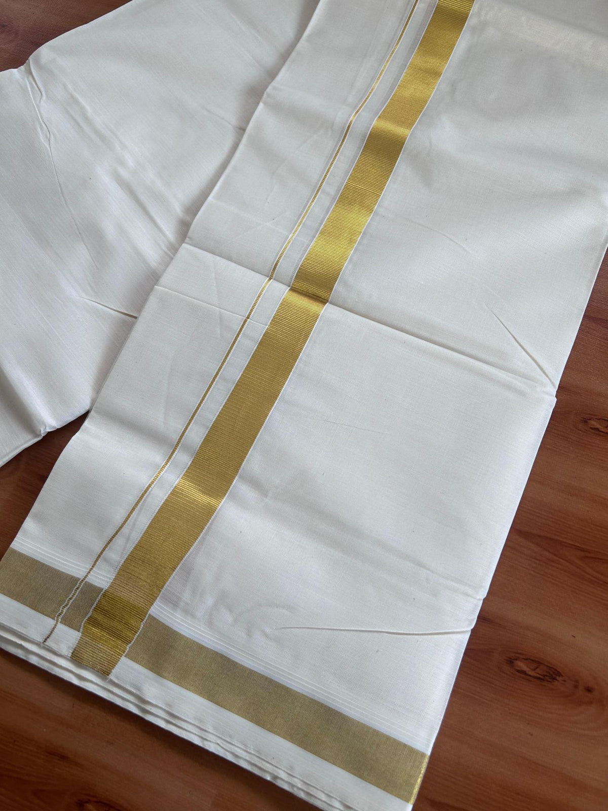 Off White (Unbleached) Double Mundu/Dhoti - 20% Discount ! KaithariKada - Mixed cotton - 80x72 - 1 inch Gold Kasav Kara 4 mtr (8.5 muzham) - 13 KK5514 VIN