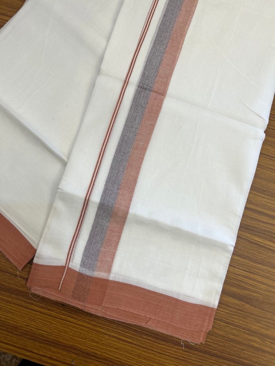 20% Discount ! Kaitharikada Balaramapuram 100% Cotton Pure White Double Mundu/Dothi - 60s - 1.5 inch Violet & Burnt Orange Shaded Kara 3.80 mtr (8 muzham) - 57 KK5299 THI