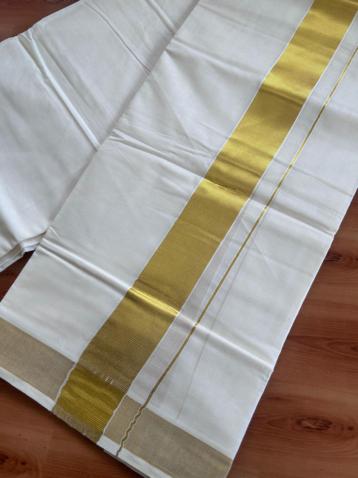 Off White (Unbleached) Double Mundu/Dhoti - 20% Discount ! KaithariKada - Mixed cotton - 80x72 - 1.75 inch Gold Kasav Kara 4 mtr (8.5 muzham) - 12 KK5514 VIN