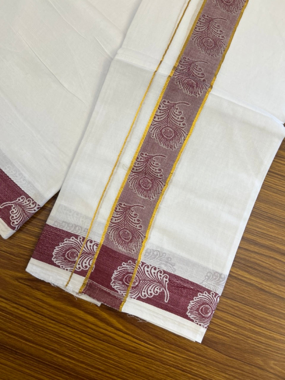 20% Discount ! Kaitharikada Balaramapuram 100% Pure Cotton Double Pure White Mundu/Dothi - 100x100 - 1.75 inch Gold Kasav Maroon Feather Design jacquard Kara 3.80 mtr (8 muzham) - 66 KK5299 THI