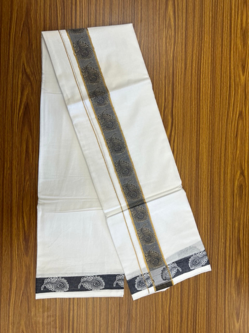 20% Discount ! Kaitharikada Balaramapuram 100% Pure Cotton Double Pure White Mundu/Dothi - 100x100 - 1.75 inch Gold Kasav Black Feather Design jacquard Kara 3.80 mtr (8 muzham) - 65 KK5299 THI