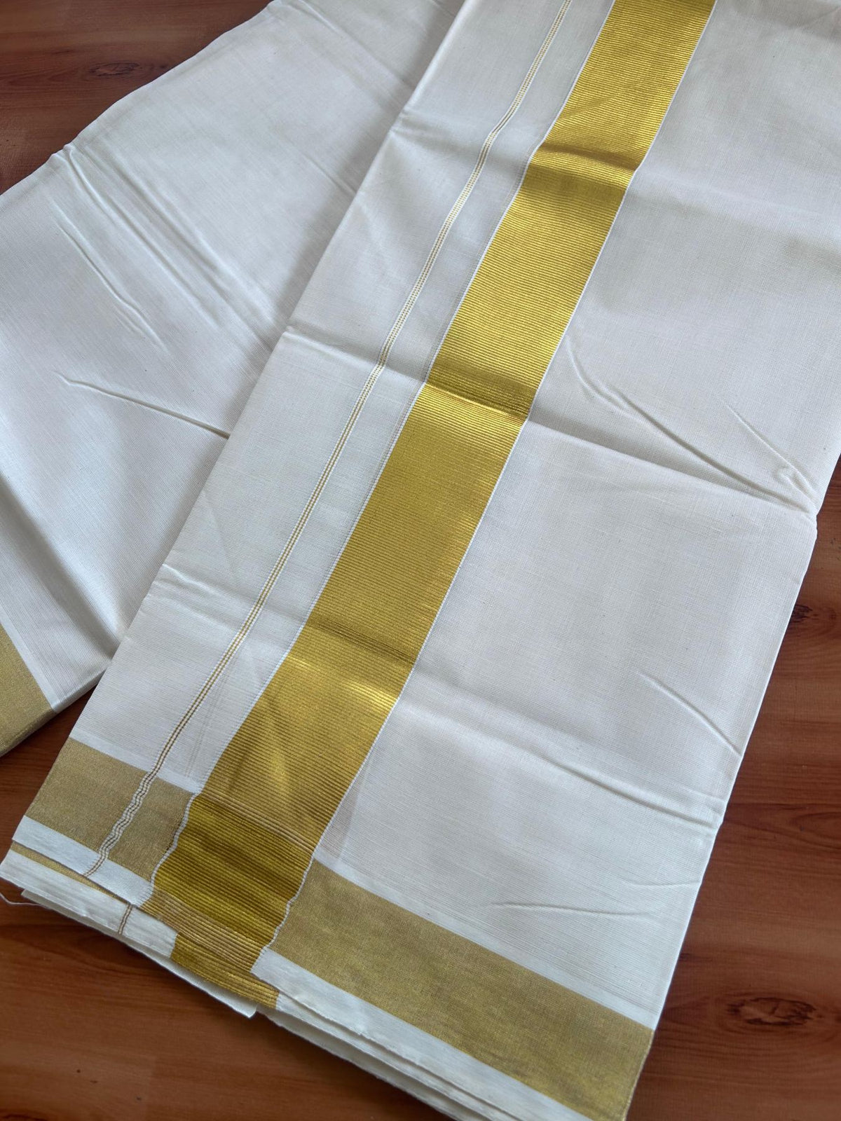 Off White (Unbleached) Double Mundu/Dhoti - 20% Discount ! KaithariKada - Mixed cotton - 80x72 - 2 inch Gold Kasav Kara 4 mtr (8.5 muzham) - 11 KK5514 VIN
