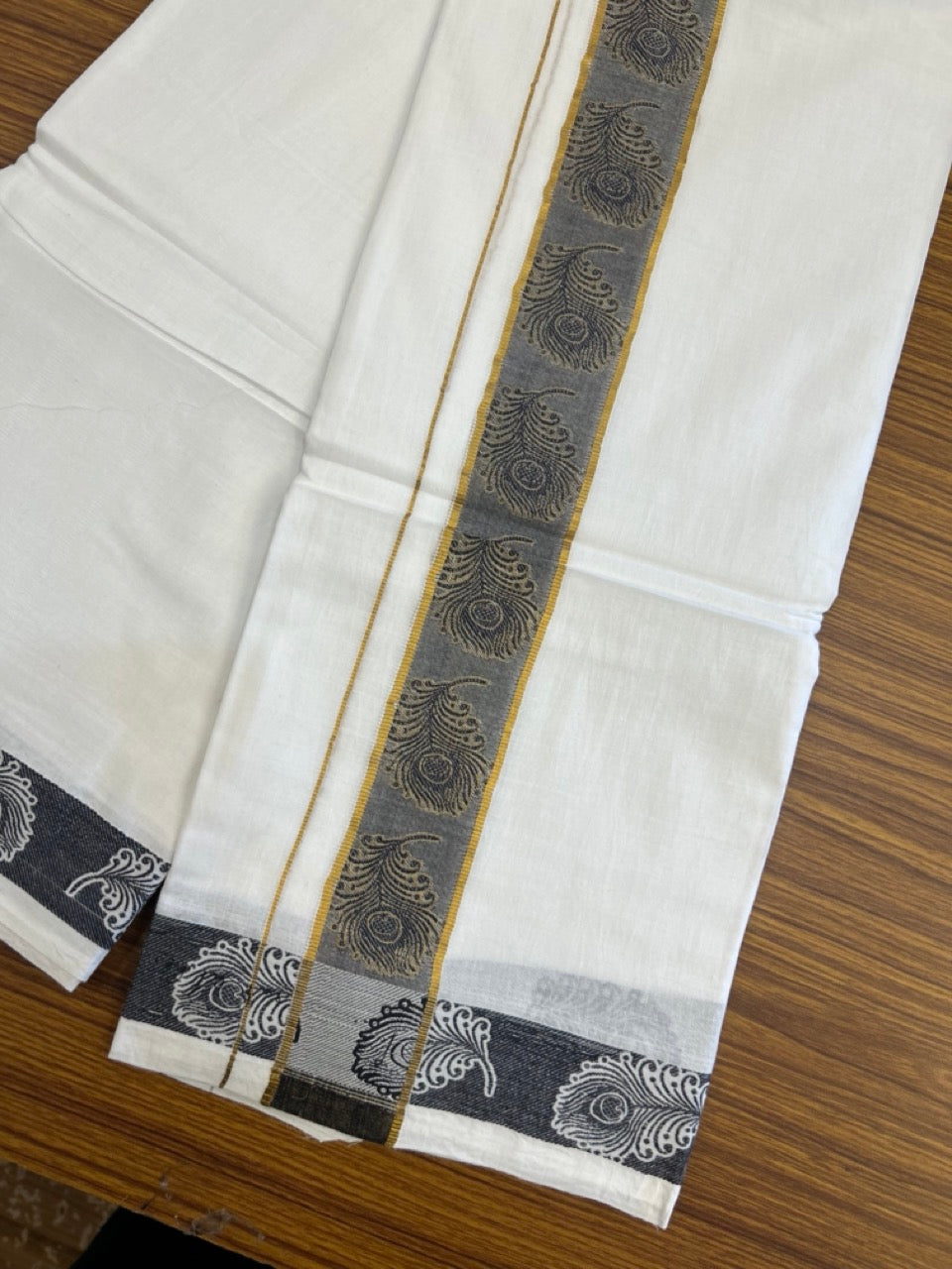 20% Discount ! Kaitharikada Balaramapuram 100% Pure Cotton Double Pure White Mundu/Dothi - 100x100 - 1.75 inch Gold Kasav Black Feather Design jacquard Kara 3.80 mtr (8 muzham) - 65 KK5299 THI