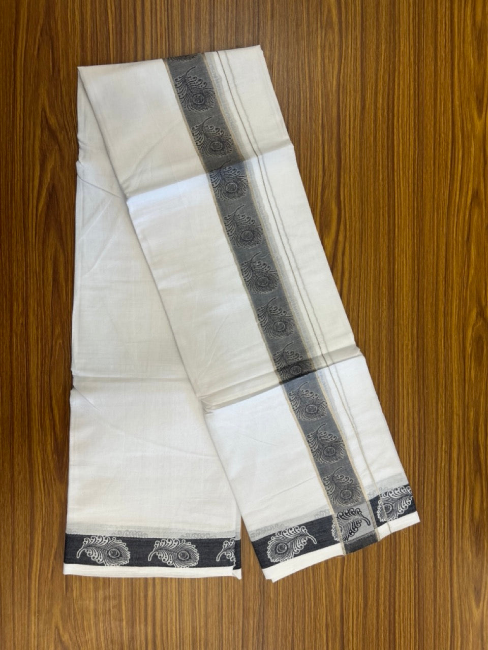 20% Discount ! Kaitharikada Balaramapuram 100% Pure Cotton Double Pure White Mundu/Dothi - 100x100 - 1.75 inch Silver Kasav Black Feather Design jacquard Kara 3.80 mtr (8 muzham) - 17 KK5306 THI