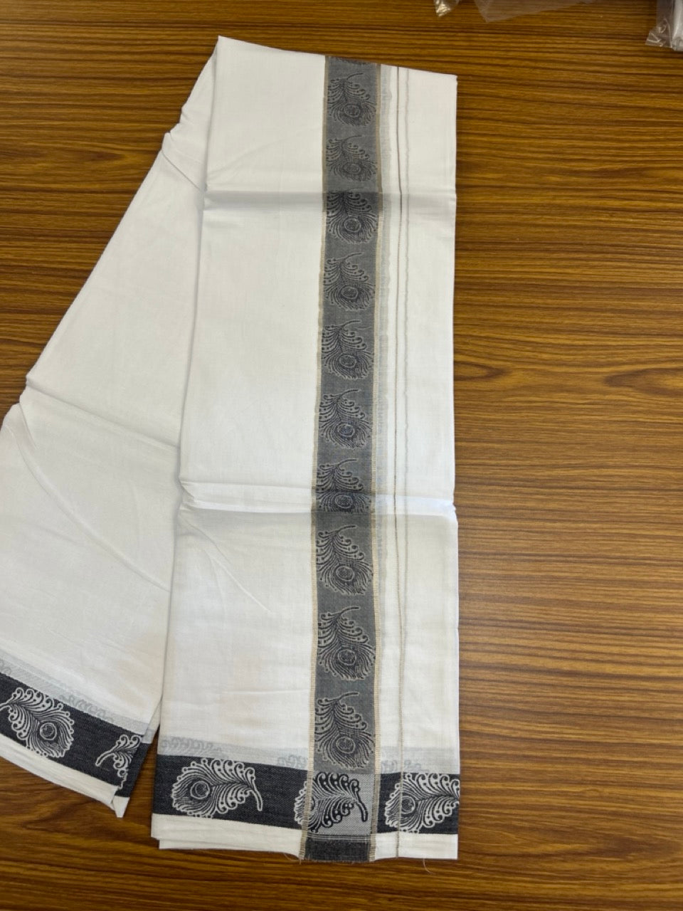 20% Discount ! Kaitharikada Balaramapuram 100% Pure Cotton Double Pure White Mundu/Dothi - 100x100 - 1.75 inch Silver Kasav Black Feather Design jacquard Kara 3.80 mtr (8 muzham) - 17 KK5306 THI