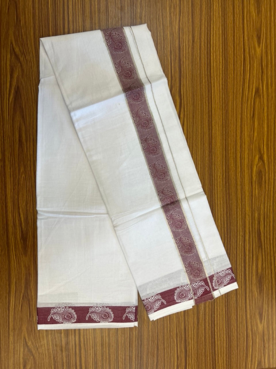 20% Discount ! Kaitharikada Balaramapuram 100% Pure Cotton Double Pure White Mundu/Dothi - 100x100 - 1.75 inch Silver Kasav Maroon Feather Design jacquard Kara 3.80 mtr (8 muzham) - 63 KK5299 THI