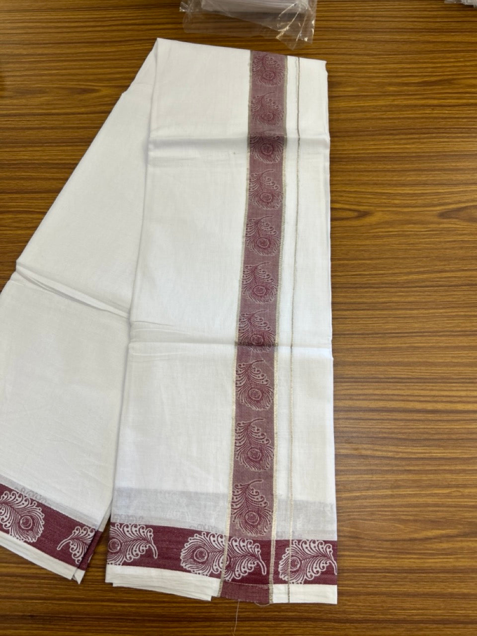20% Discount ! Kaitharikada Balaramapuram 100% Pure Cotton Double Pure White Mundu/Dothi - 100x100 - 1.75 inch Silver Kasav Maroon Feather Design jacquard Kara 3.80 mtr (8 muzham) - 63 KK5299 THI