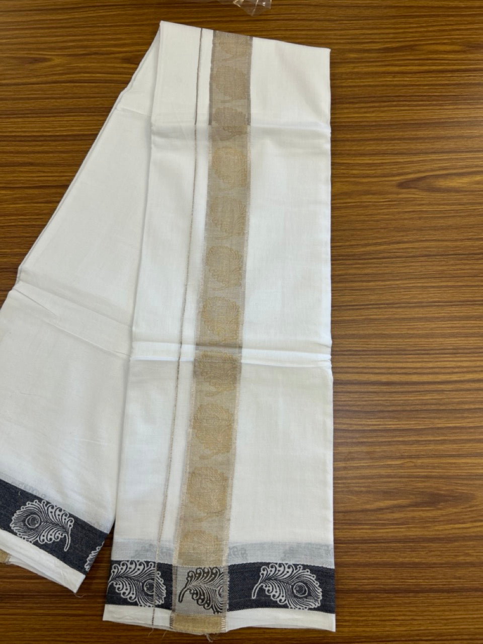 20% Discount ! Kaitharikada Balaramapuram 100% Pure Cotton Double Pure White Mundu/Dothi - 100x100 - 1.75 inch Silver Gold Kasav Black Feather Design jacquard Kara 3.80 mtr (8 muzham) - 62 KK5299 THI