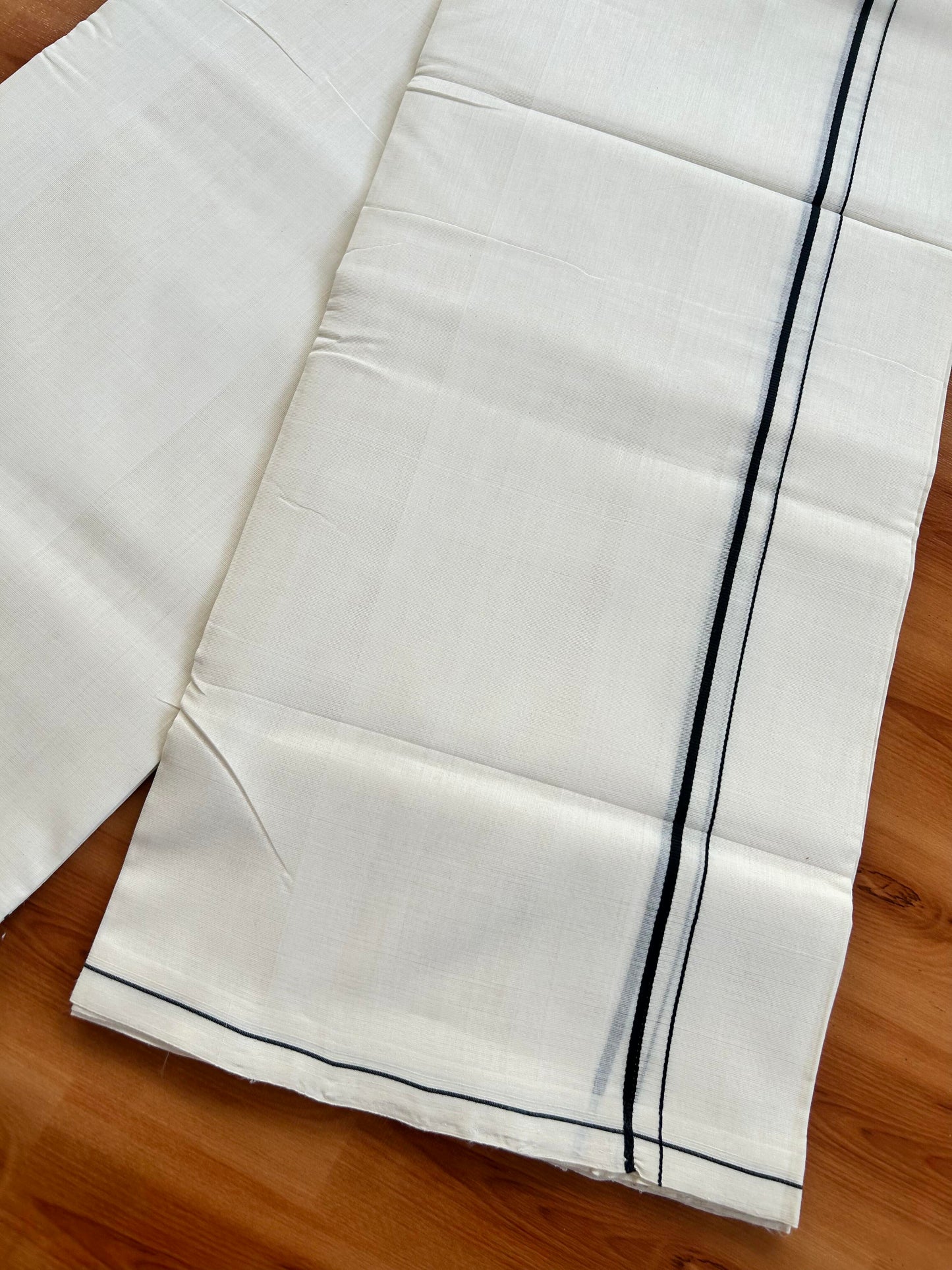 Double Off White (Unbleached) Mundu/Dhoti - 25% Discount!! KaithariKada Handloom Unakkupaav - Kerala Handloom - 100% Pure Cotton - 80x90 - 0.3 inch Black Kara 4 meter (8.5 muzham) - 14 KK5449 YAR