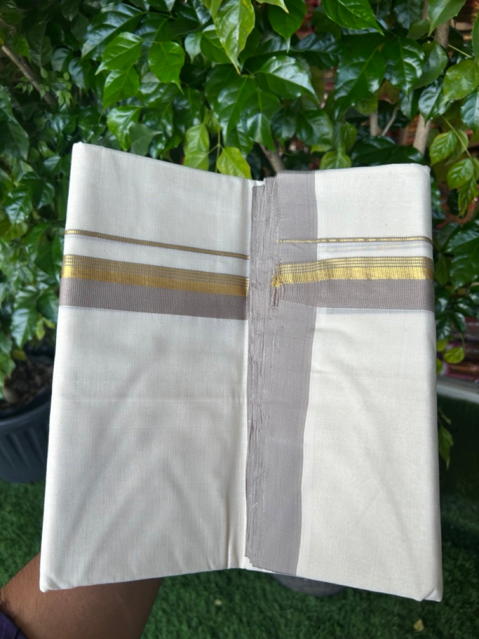 25% Discount! KaithariKada HANDLOOM MILLPAAV Balaramapuram - 100% PURE Cotton OFF White (Unbleached) Double Mundu/Dothi - 80x90 - 1.25 inch Kasavu stripes Light Grey Mulloth Kara 4.5 Meters (10 Muzham) - 65KK5234 RAM