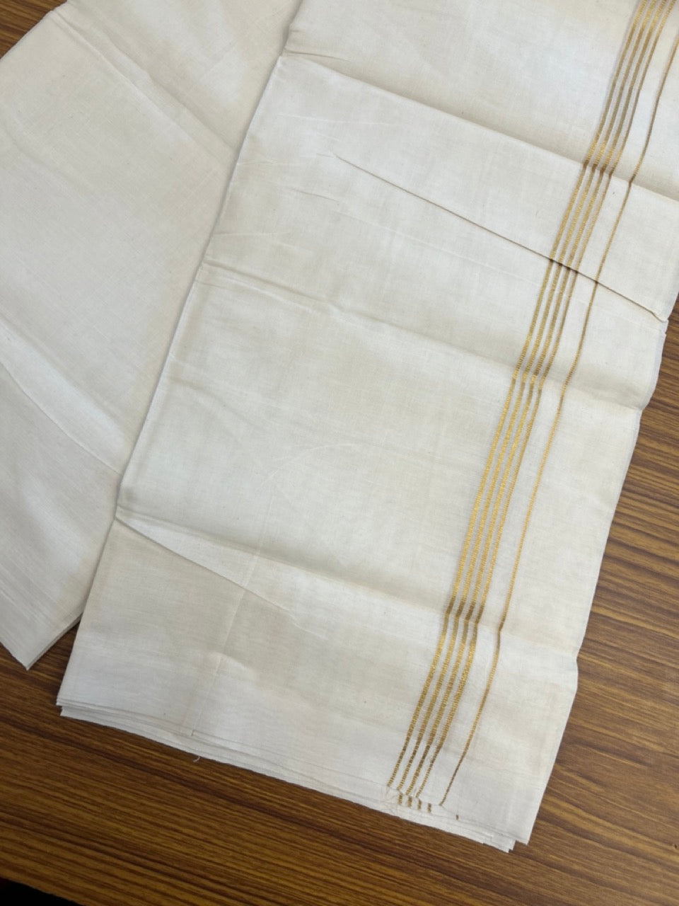20% Discount ! Kaitharikada Balaramapuram 100% Cotton Off White Double (Unbleached) Mundu/Dothi - 100x80 - 0.75 inch Gold Kasav Stripes Kara 3.80 mtr (8 muzham) - 43 KK5299 THI
