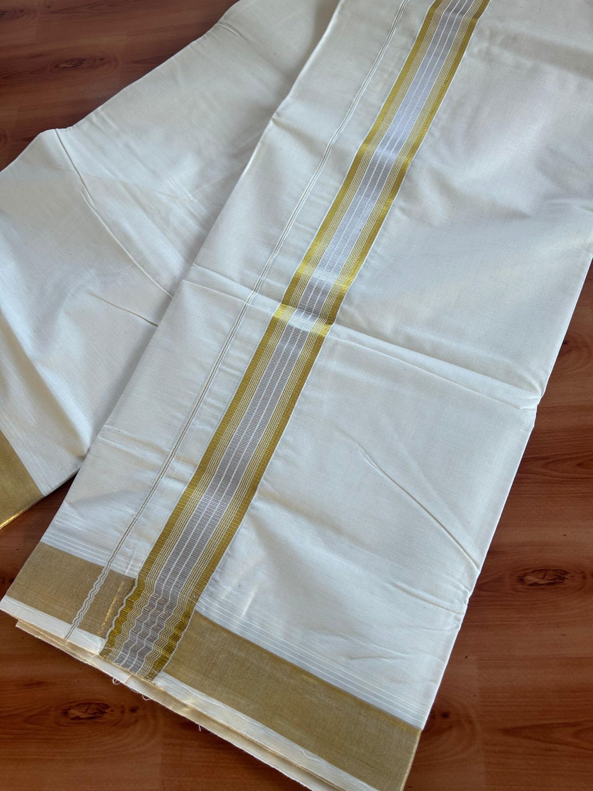 Off White (Unbleached) Double Mundu/Dhoti - 20% Discount ! KaithariKada - Pure cotton - 100x80 - 1.5 inch Gold & Silver Kasav Striped Kara 4 mtr (8.5 muzham) - 17 KK5514 VIN