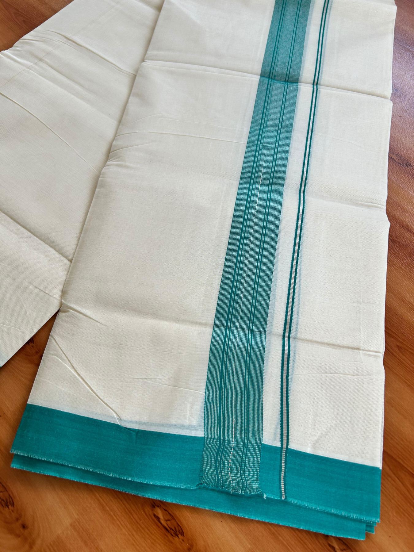 Double Off White (Unbleached) Mundu/Dhoti - 20% Discount! Kaitharikada Pure Cotton - 80x80 - 1.5 Inch Silver Kasav Jungle Green Striped Kara 4 mtr (8.5 muzham) - 1 KK5489 MRH