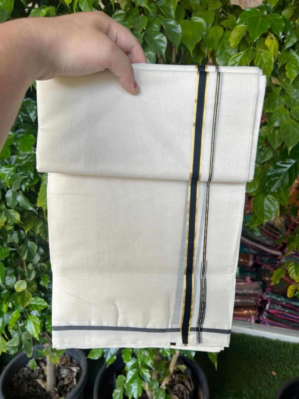 25% DISCOUNT!! KaithariKada HANDLOOM MILPAAV Balaramapuram - 100% PURE Cotton OFF White Double - (Unbleached) Mundu/Dothi - 80x90 - 0.5 Inch Kasavu Black Puliyilakkara chutty - 69KK5234 RAM