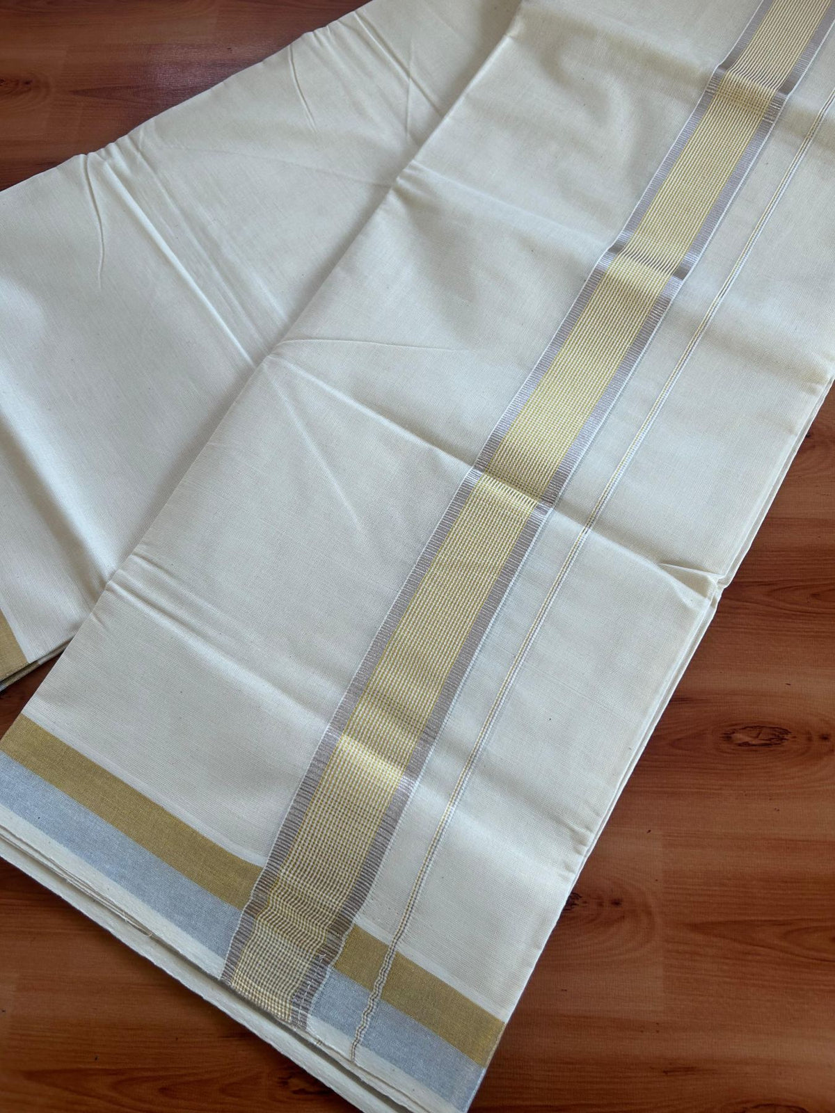 Off White (Unbleached) Double Mundu/Dhoti - 20% Discount ! KaithariKada - Mixed cotton - 80x72 - 1.5 inch Gold & Silver Kasav Striped Kara 4 mtr (8.5 muzham) - 19 KK5514 VIN