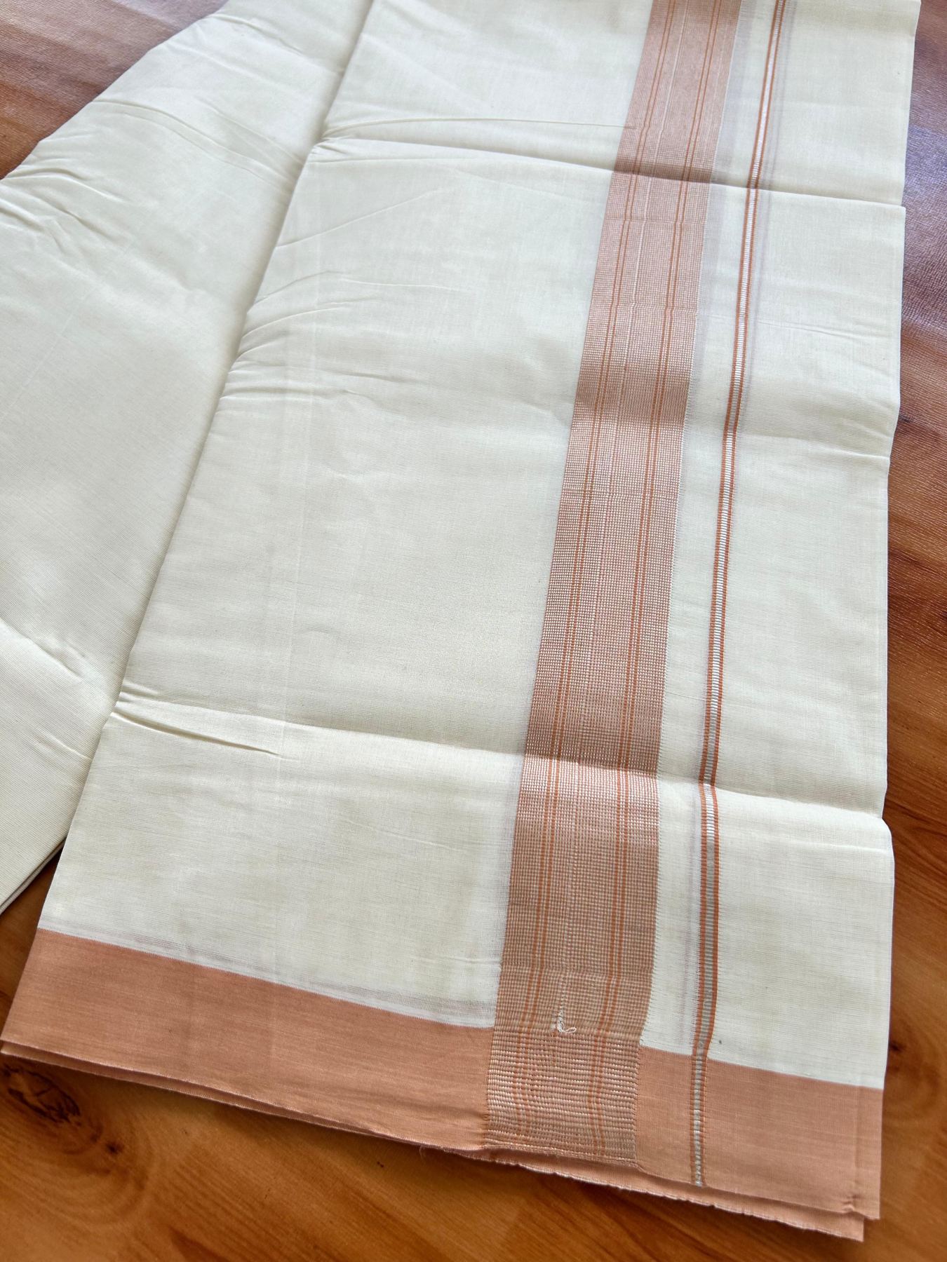Double Off White (Unbleached) Mundu/Dhoti - 20% Discount! Kaitharikada Pure Cotton - 80x80 - 1.5 Inch Silver Kasav Dark Peach Striped Kara 4 mtr (8.5 muzham) - 2 KK5489 MRH