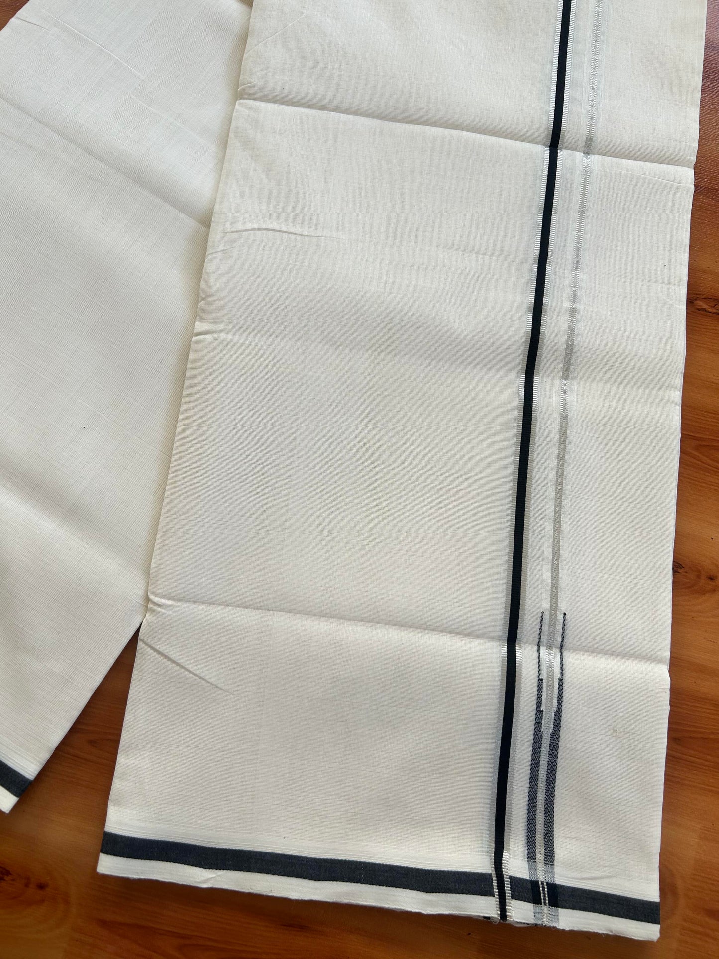 Double Off White - (Unbleached) Mundu/Dothi- 25% Discount!! KaithariKada Handloom Unakkupaav - Kerala Handloom - Pure Cotton - 80X90 - 0.5 inch Puliyilakkara Silver Kasav & Black Chutty Kara 4 mtr (8.5 muzham) - 2 KK5444 YAR