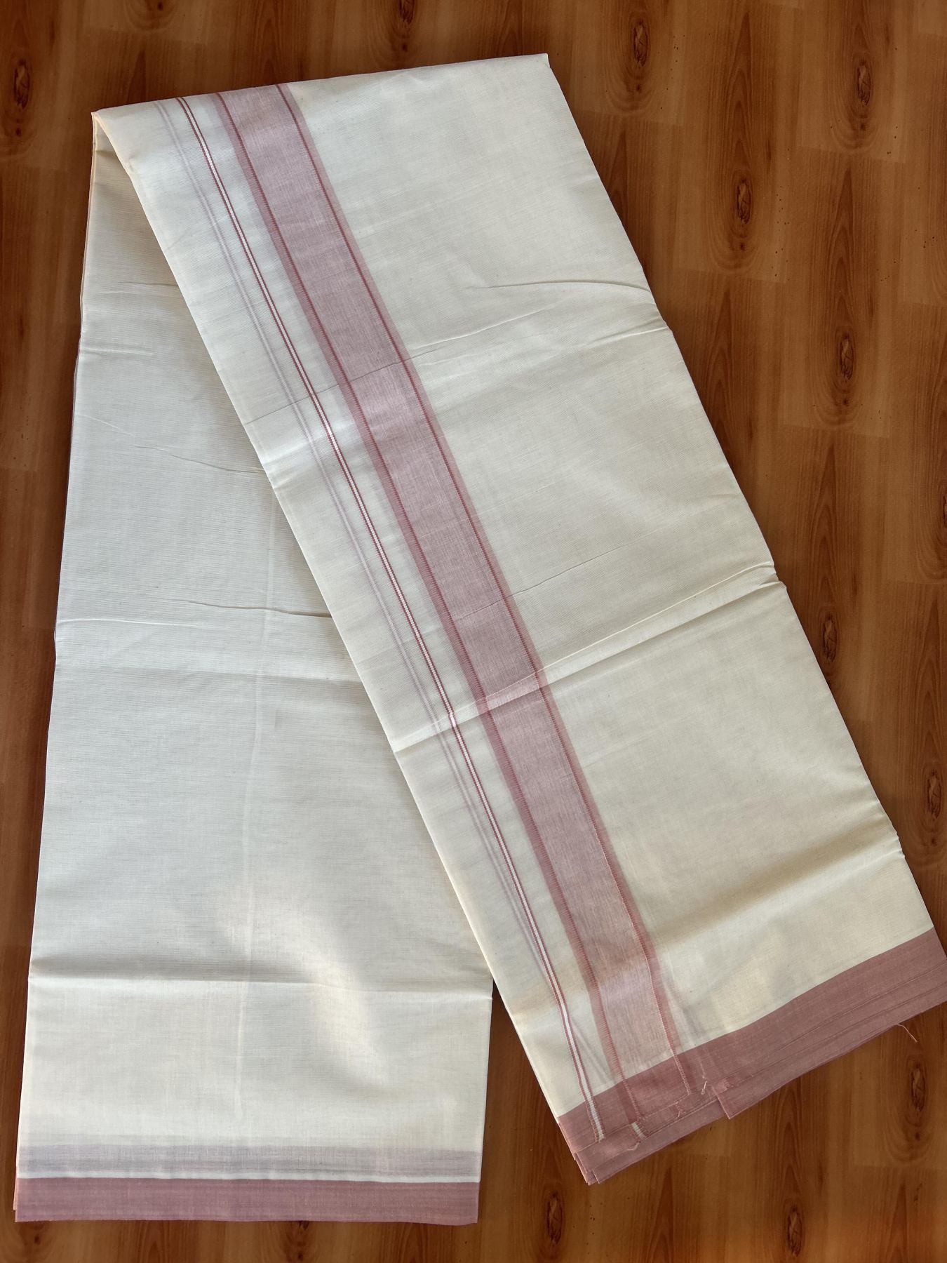 Double Off White Mundu/Dhoti- 20% Discount! KaithariKada Balaramapuram 100% Cotton - 60s - 1.25 inch Dusty Pink Shaded Kara 4 mtr (8.5 muzham) - 16 KK5398 PMC