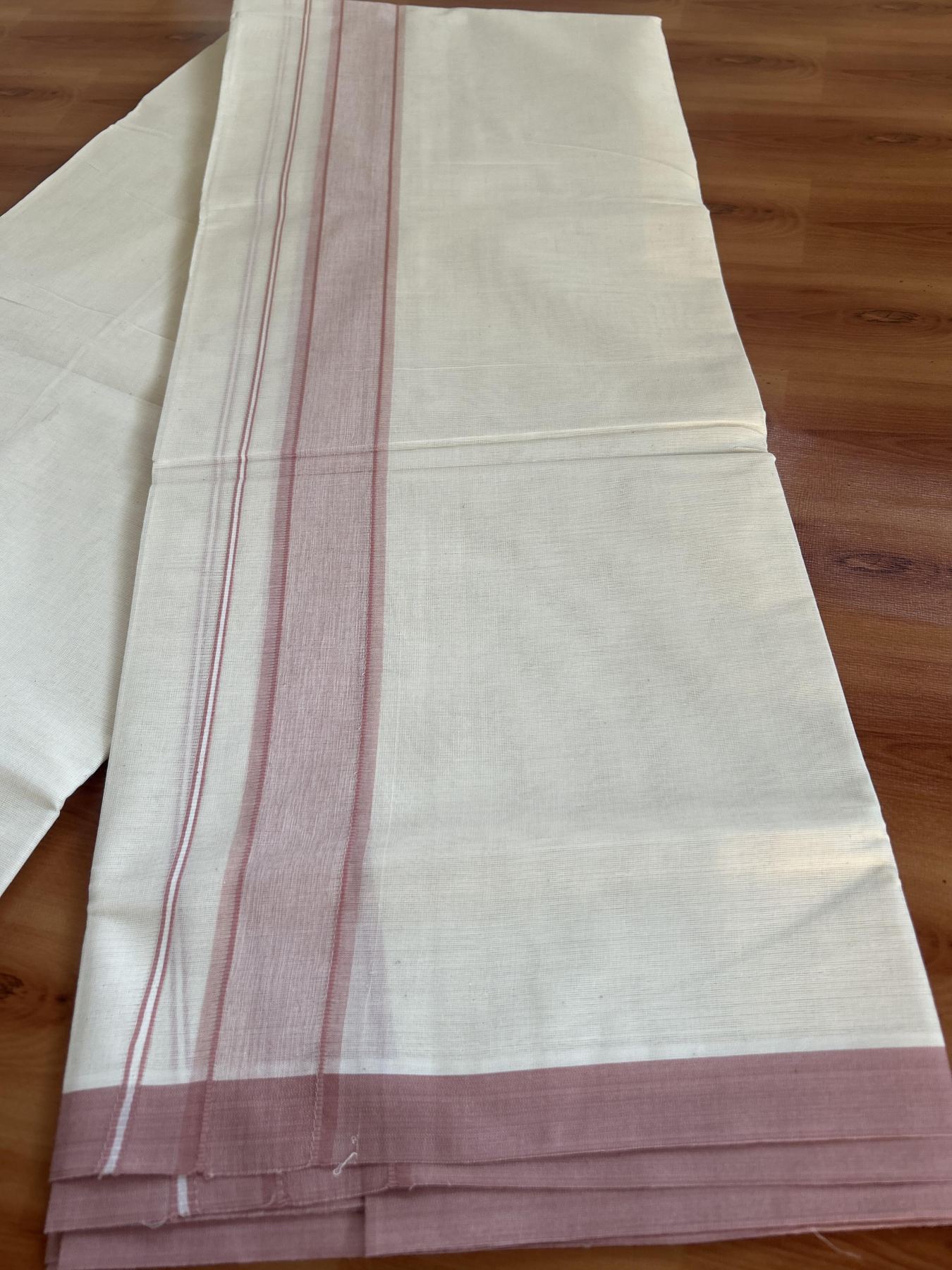 Double Off White (unbleached) Mundu/Dhoti - 20% Discount ! KaithariKada Balaramapuram - 100% Cotton - 60s- 1.5 inch Silver Kasav & Dark Peach Shaded Kara 4 mtr (8.5 muzham) - 6 KK5398 PMC