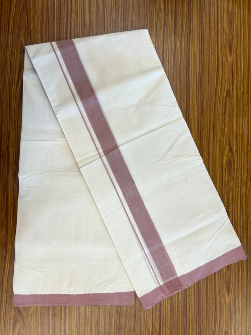 25% DISCOUNT!! KaithariKada HANDLOOM MILLPAAV Balaramapuram - 100% PURE Cotton OFF White (Unbleached) Double Mundu/Dothi - 80x90 - 1.5 inch Dusty Rose Mulloth Kara 4.5 Meters (10 Muzham) - 55KK5234 RAM