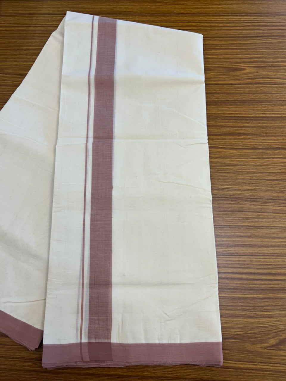 25% DISCOUNT!! KaithariKada HANDLOOM MILLPAAV Balaramapuram - 100% PURE Cotton OFF White (Unbleached) Double Mundu/Dothi - 80x90 - 1.5 inch Dusty Rose Mulloth Kara 4.5 Meters (10 Muzham) - 55KK5234 RAM