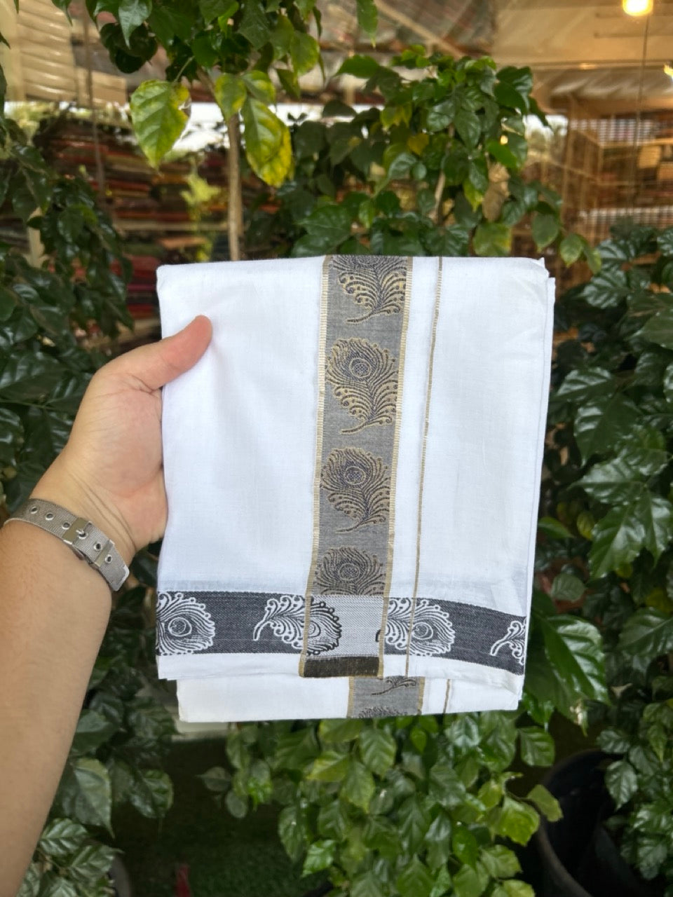 20% Discount ! Kaitharikada Balaramapuram 100% Pure Cotton Double Pure White Mundu/Dothi - 100x100 - 1.75 inch Silver Gold Kasav Black Feather Design jacquard Kara 3.80 mtr (8 muzham) - 61 KK5299 THI