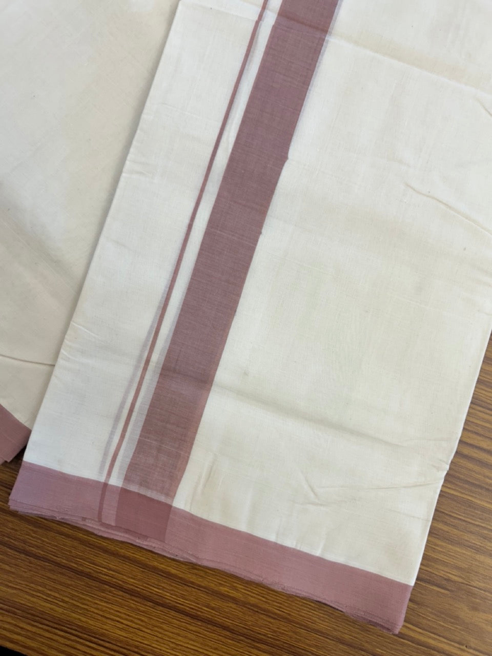 25% DISCOUNT!! KaithariKada HANDLOOM MILLPAAV Balaramapuram - 100% PURE Cotton OFF White (Unbleached) Double Mundu/Dothi - 80x90 - 1.5 inch Dusty Rose Mulloth Kara 4.5 Meters (10 Muzham) - 55KK5234 RAM