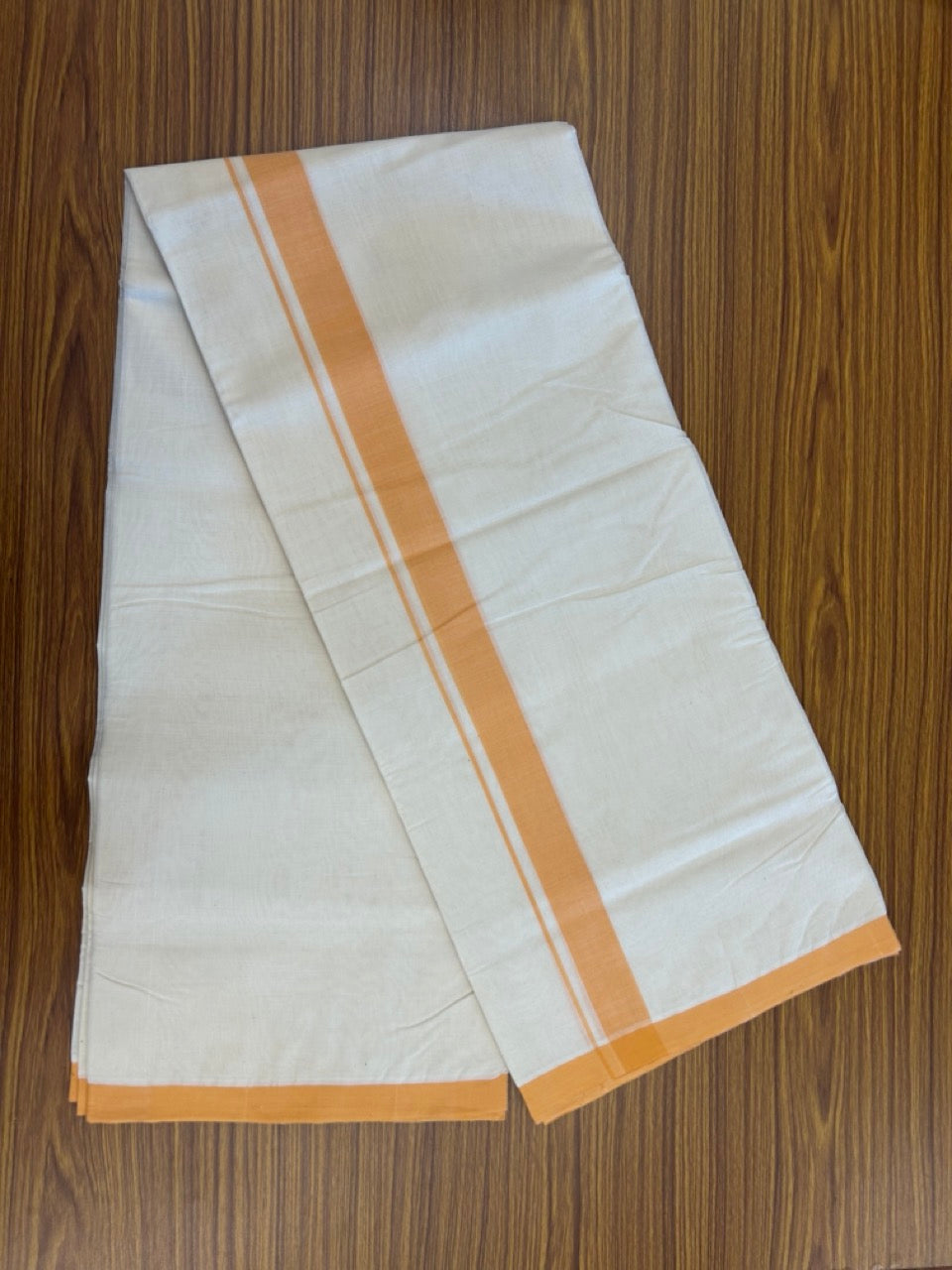 25% DISCOUNT!! KaithariKada HANDLOOM MILLPAAV Balaramapuram - 100% PURE Cotton OFF White (Unbleached) Double Mundu/Dothi - 80x90 - 1.25 inch Light Orange Mulloth Kara 4.5 Meters (10 Muzham) - 56KK5234 RAM