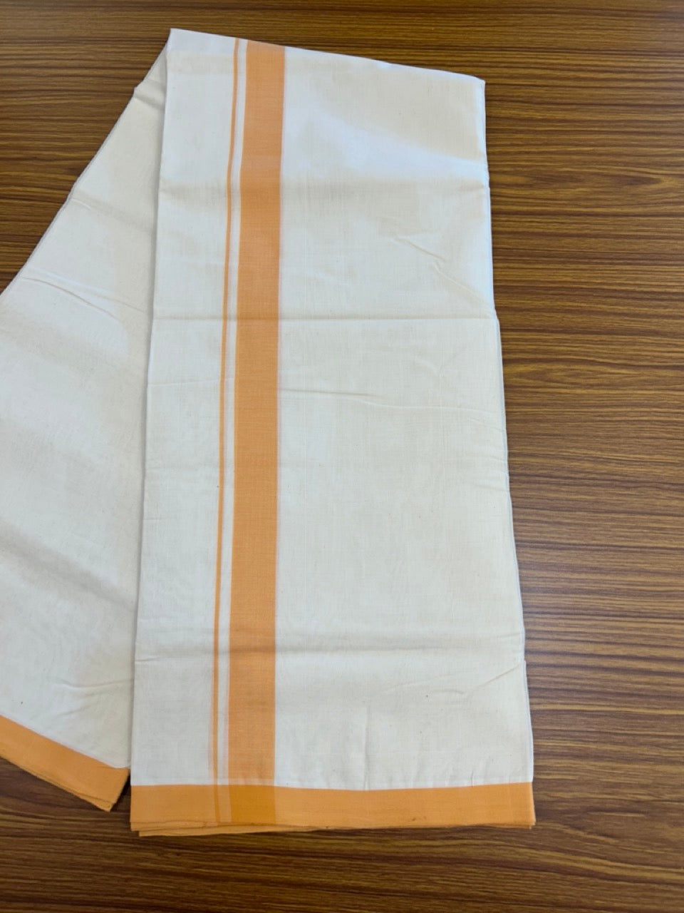 25% DISCOUNT!! KaithariKada HANDLOOM MILLPAAV Balaramapuram - 100% PURE Cotton OFF White (Unbleached) Double Mundu/Dothi - 80x90 - 1.25 inch Light Orange Mulloth Kara 4.5 Meters (10 Muzham) - 56KK5234 RAM