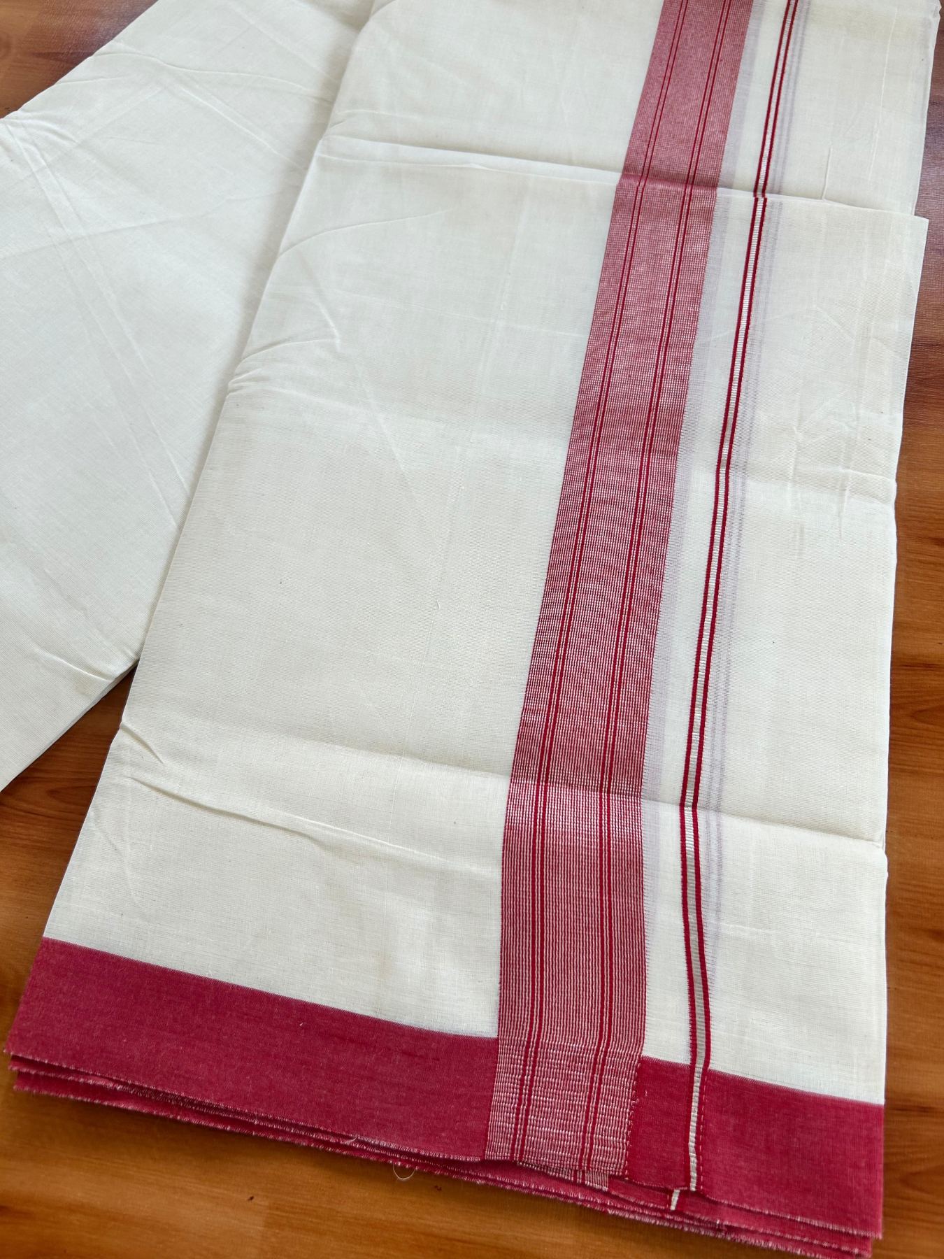 Double Off White (Unbleached) Mundu/Dhoti - 20% Discount! Kaitharikada Pure Cotton - 80x80 - 1.5 Inch Silver Kasav Red Striped Kara 4 mtr (8.5 muzham) - 9 KK5489 MRH