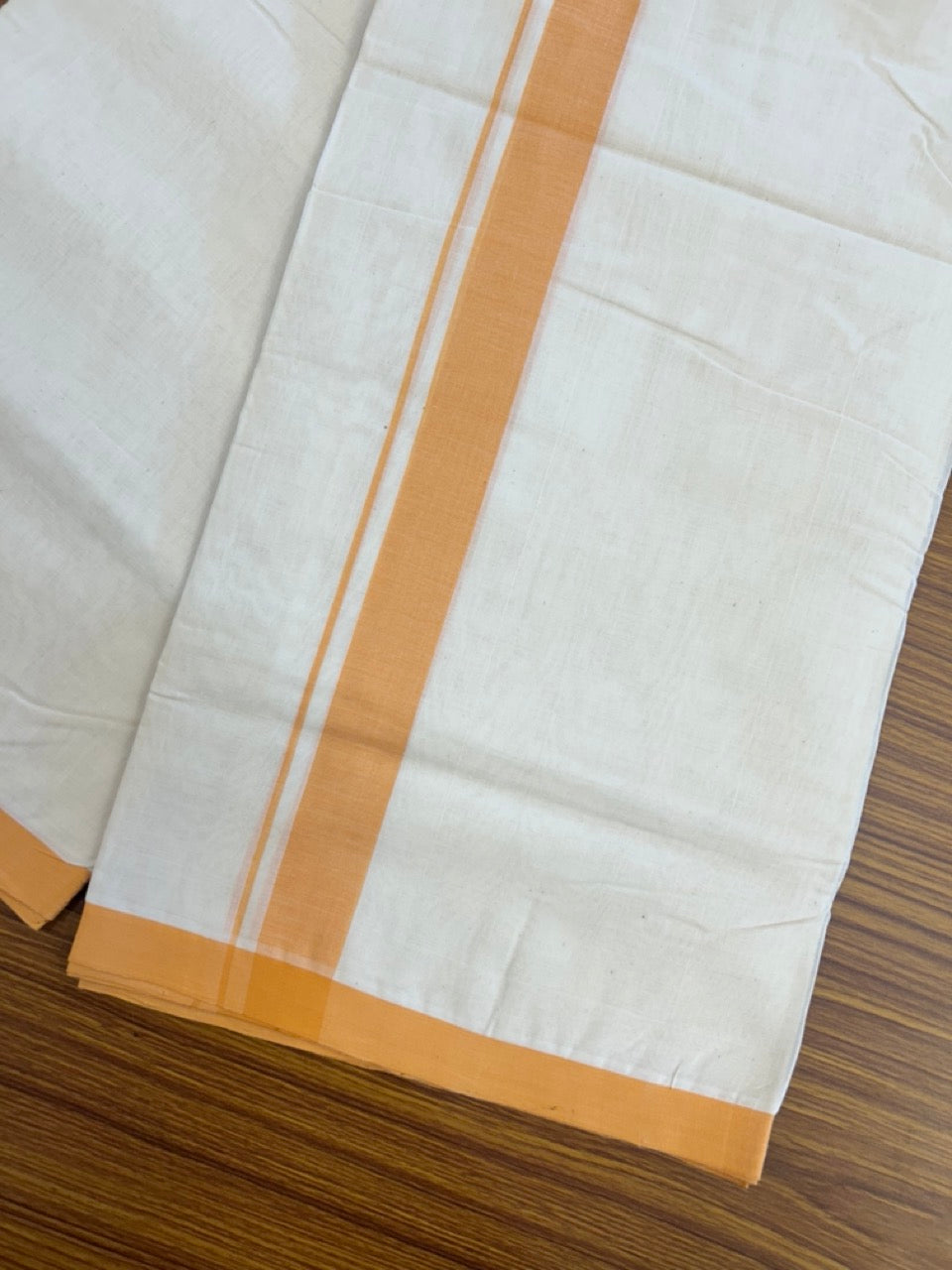 25% DISCOUNT!! KaithariKada HANDLOOM MILLPAAV Balaramapuram - 100% PURE Cotton OFF White (Unbleached) Double Mundu/Dothi - 80x90 - 1.25 inch Light Orange Mulloth Kara 4.5 Meters (10 Muzham) - 56KK5234 RAM