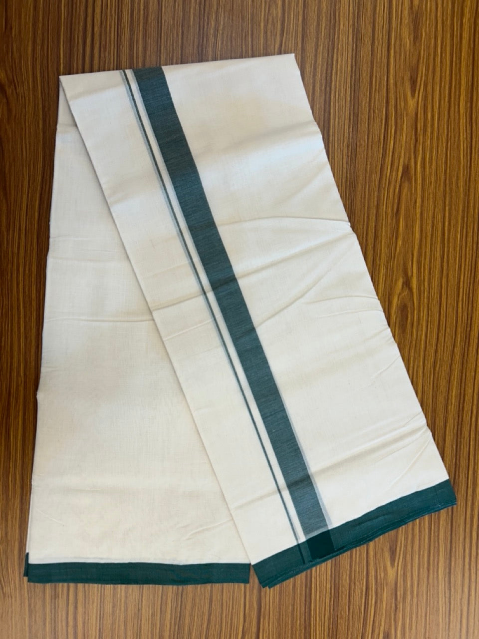 25% Discount! KaithariKada HANDLOOM MILLPAAV Balaramapuram - 100% PURE Cotton OFF White (Unbleached) Double Mundu/Dothi - 80x90 - 1.25 inch Dark Green Mulloth Kara 4.5 Meters (10 Muzham) - 57KK5234 RAM