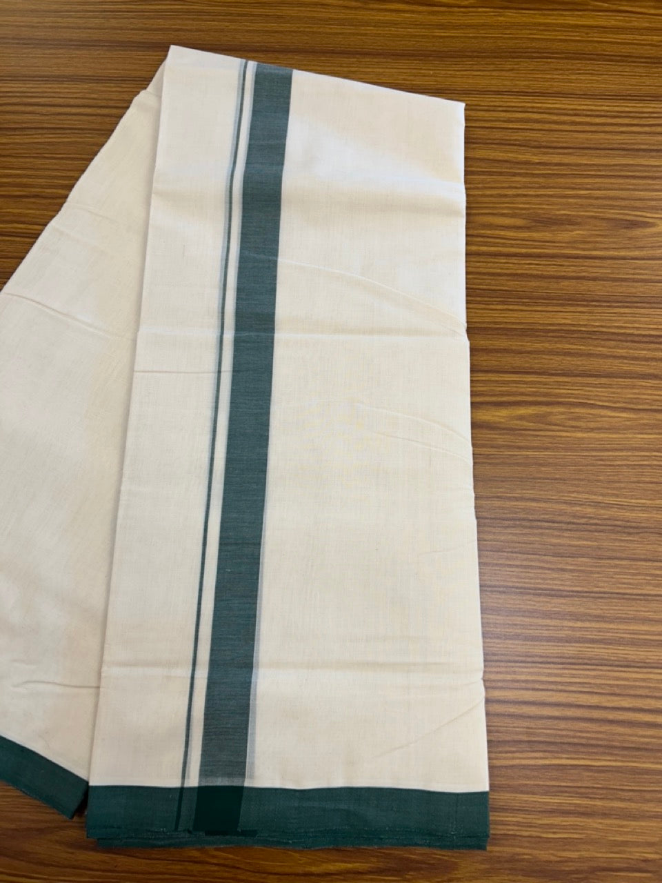 25% Discount! KaithariKada HANDLOOM MILLPAAV Balaramapuram - 100% PURE Cotton OFF White (Unbleached) Double Mundu/Dothi - 80x90 - 1.25 inch Dark Green Mulloth Kara 4.5 Meters (10 Muzham) - 57KK5234 RAM