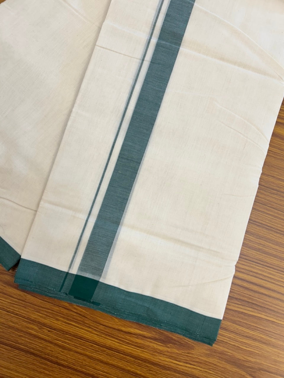 25% Discount! KaithariKada HANDLOOM MILLPAAV Balaramapuram - 100% PURE Cotton OFF White (Unbleached) Double Mundu/Dothi - 80x90 - 1.25 inch Dark Green Mulloth Kara 4.5 Meters (10 Muzham) - 57KK5234 RAM