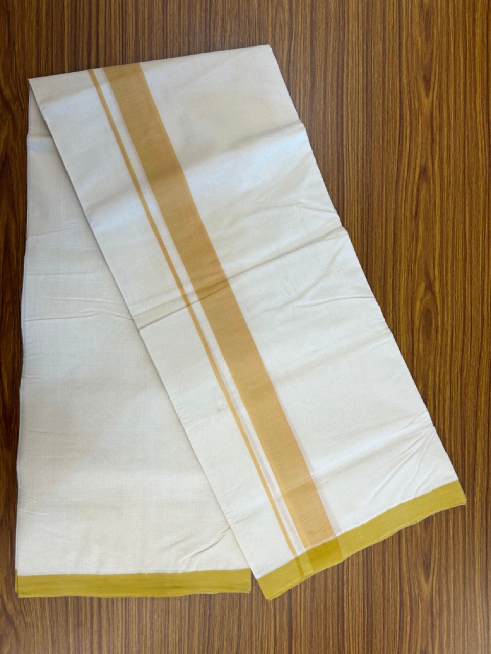 25% DISCOUNT!! KaithariKada HANDLOOM MILLPAAV Balaramapuram - 100% PURE Cotton OFF White (Unbleached) Double Mundu/Dothi - 80x90 - 1.5 inch Mustard Yellow Mulloth Kara 4.5 Meters (10 Muzham) - 58KK5234 RAM