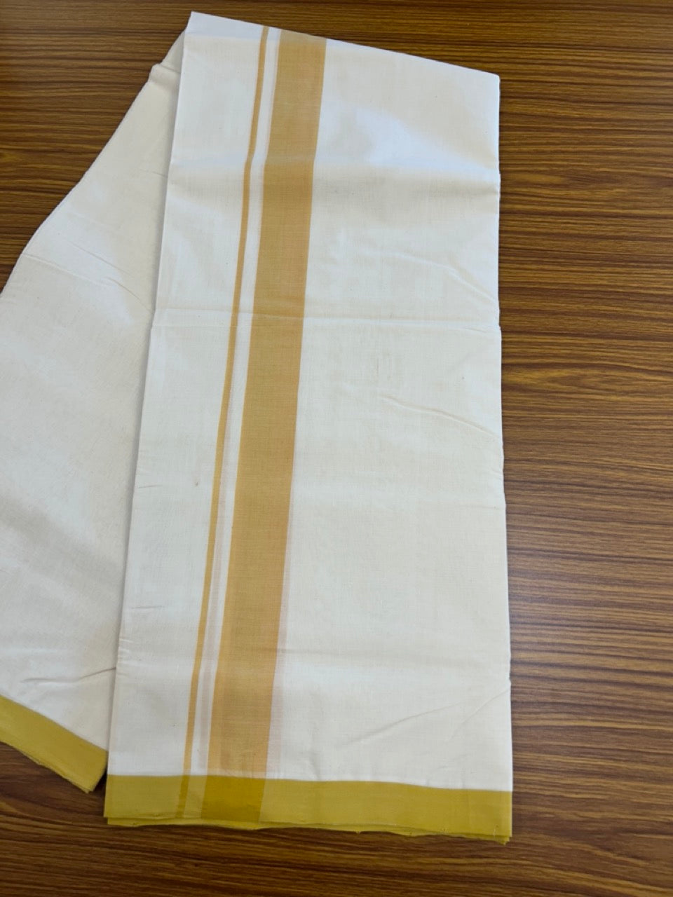 25% DISCOUNT!! KaithariKada HANDLOOM MILLPAAV Balaramapuram - 100% PURE Cotton OFF White (Unbleached) Double Mundu/Dothi - 80x90 - 1.5 inch Mustard Yellow Mulloth Kara 4.5 Meters (10 Muzham) - 58KK5234 RAM