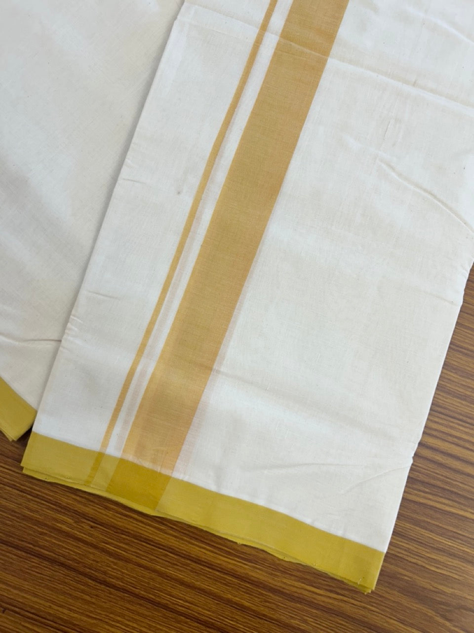 25% DISCOUNT!! KaithariKada HANDLOOM MILLPAAV Balaramapuram - 100% PURE Cotton OFF White (Unbleached) Double Mundu/Dothi - 80x90 - 1.5 inch Mustard Yellow Mulloth Kara 4.5 Meters (10 Muzham) - 58KK5234 RAM