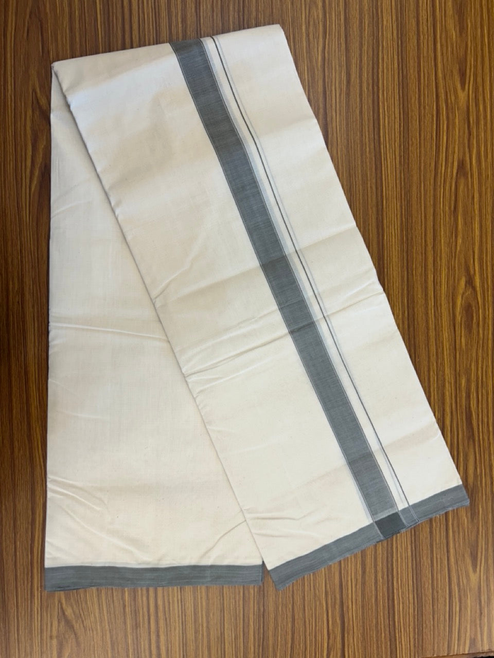 25% DISCOUNT!! KaithariKada HANDLOOM MILLPAAV Balaramapuram - 100% PURE Cotton OFF White (Unbleached) Double Mundu/Dothi - 80x90 - 1.25 inch Ash Grey Mulloth Kara 4.16 Meters (9 Muzham) - 60KK5234 RAM