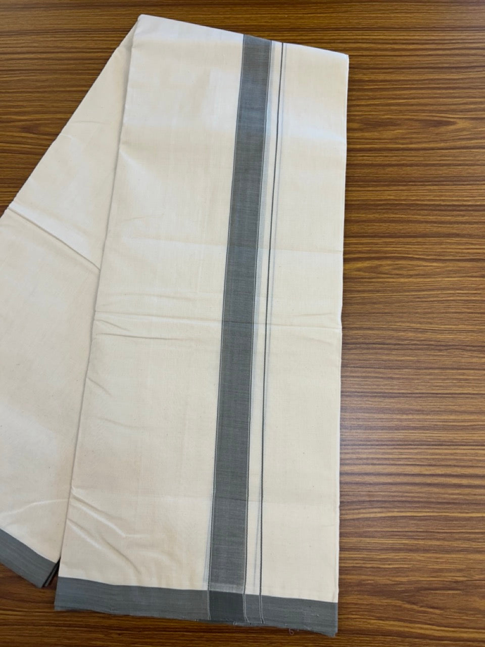 25% DISCOUNT!! KaithariKada HANDLOOM MILLPAAV Balaramapuram - 100% PURE Cotton OFF White (Unbleached) Double Mundu/Dothi - 80x90 - 1.25 inch Ash Grey Mulloth Kara 4.16 Meters (9 Muzham) - 60KK5234 RAM