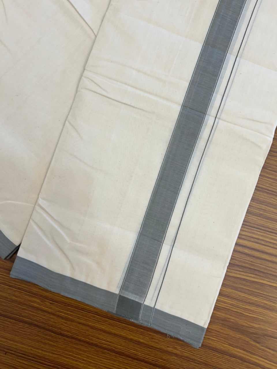 25% DISCOUNT!! KaithariKada HANDLOOM MILLPAAV Balaramapuram - 100% PURE Cotton OFF White (Unbleached) Double Mundu/Dothi - 80x90 - 1.25 inch Ash Grey Mulloth Kara 4.16 Meters (9 Muzham) - 60KK5234 RAM