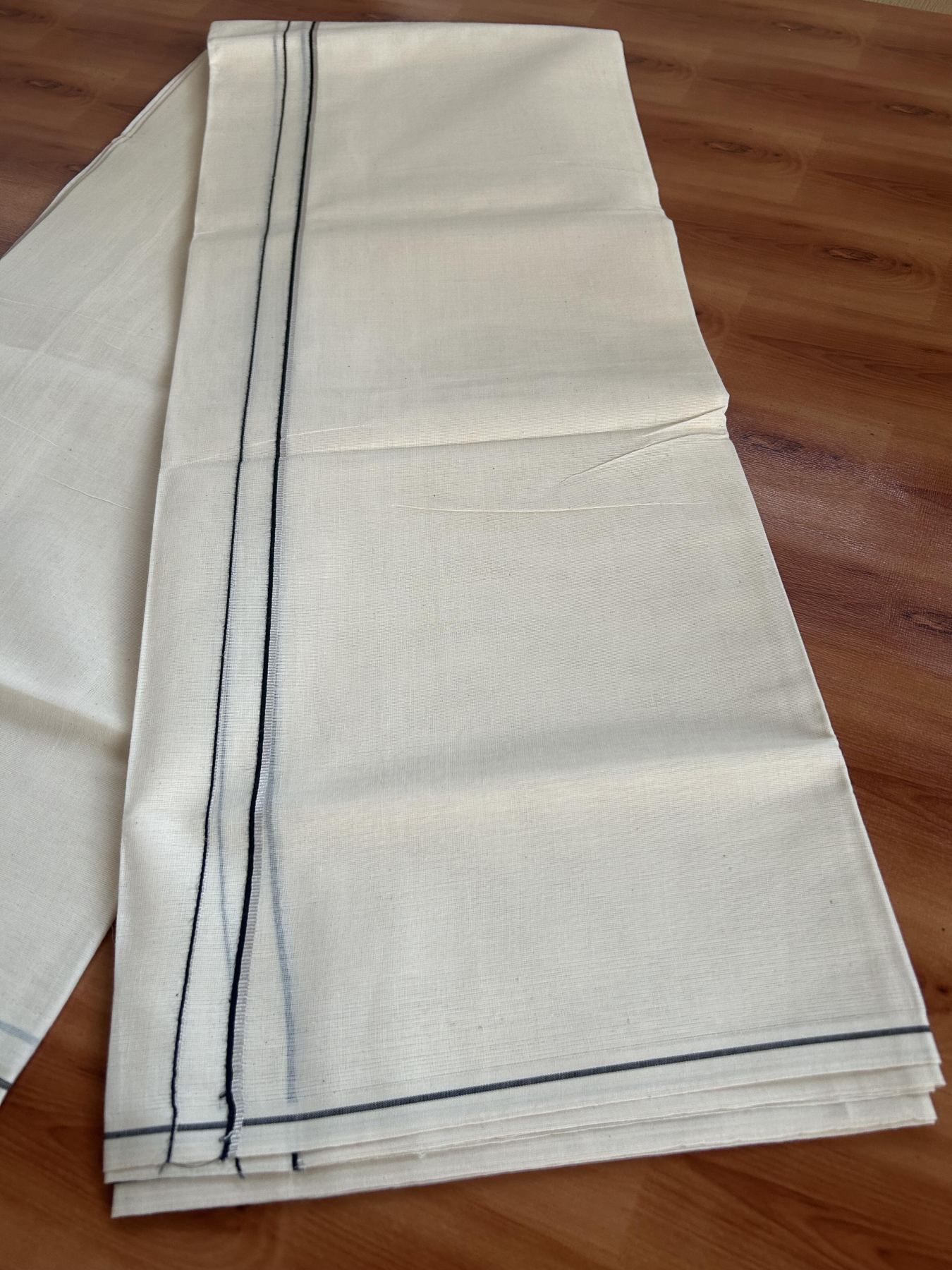 Double Off White (unbleached) Mundu/Dhoti - 20% Discount ! KaithariKada Balaramapuram - 100% Cotton - 60s- 1.5 inch Silver Kasav & Black Thin Kara 4 mtr (8.5 muzham) - 8 KK5398 PMC
