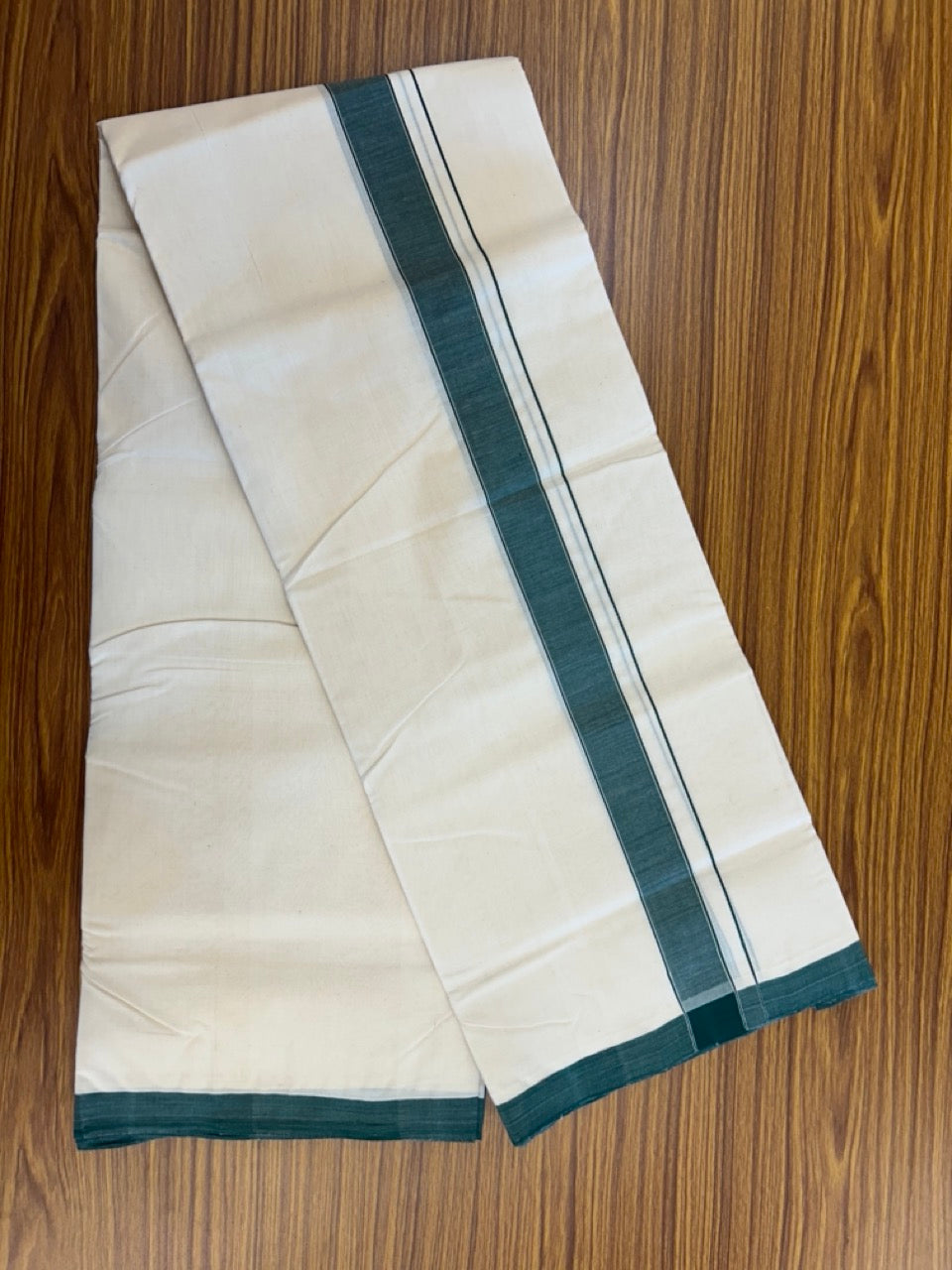 25% DISCOUNT!! KaithariKada HANDLOOM MILLPAAV Balaramapuram - 100% PURE Cotton OFF White (Unbleached) Double Mundu/Dothi - 80x90 - 1.5 inch Dark Green Mulloth Kara 4 Meters (8.5 Muzham) - 61KK5234 RAM