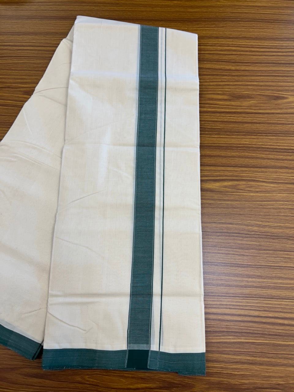 25% DISCOUNT!! KaithariKada HANDLOOM MILLPAAV Balaramapuram - 100% PURE Cotton OFF White (Unbleached) Double Mundu/Dothi - 80x90 - 1.5 inch Dark Green Mulloth Kara 4 Meters (8.5 Muzham) - 61KK5234 RAM
