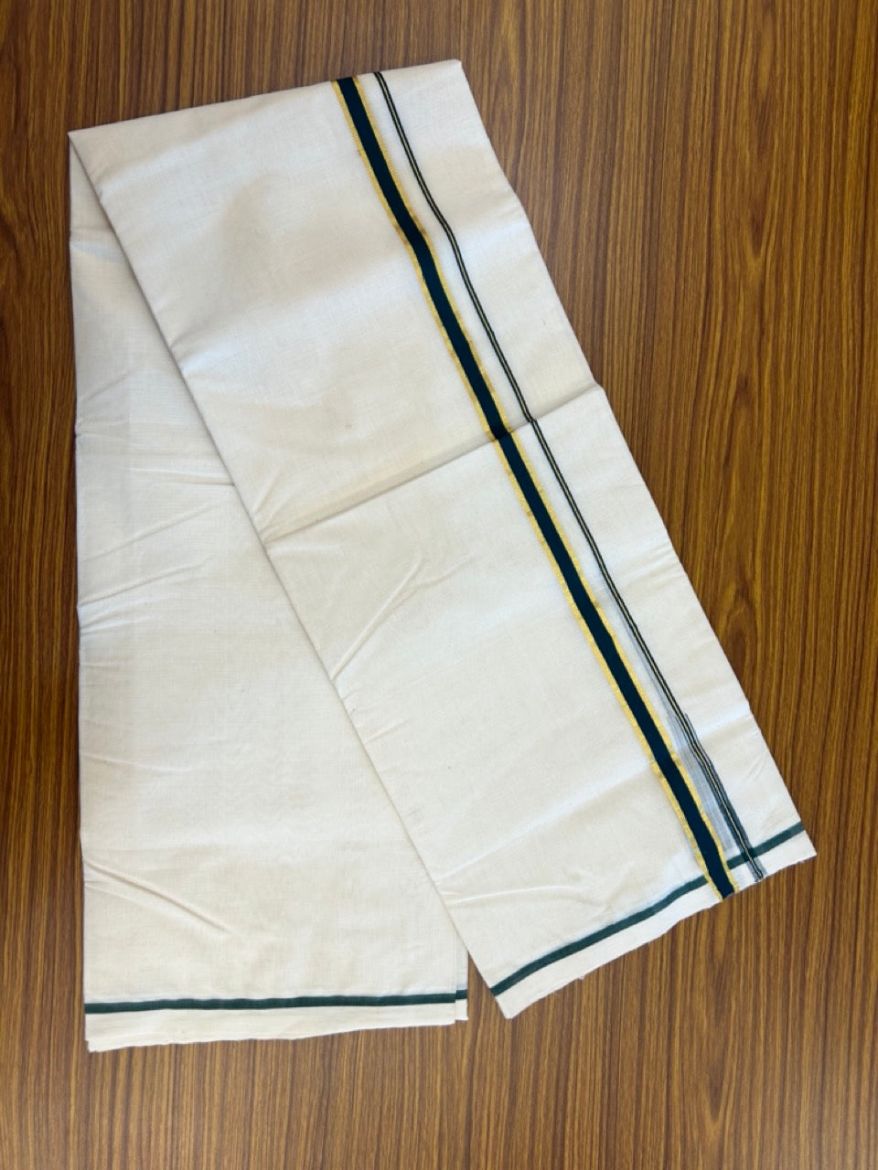 25% DISCOUNT!! KaithariKada HANDLOOM MILPAAV Balaramapuram - 100% PURE Cotton OFF White Double - (Unbleached) Mundu/Dothi - 80x90 - 0.75 Inch Kasavu Dark Green Puliyilakkara chutty - 67KK5234 RAM
