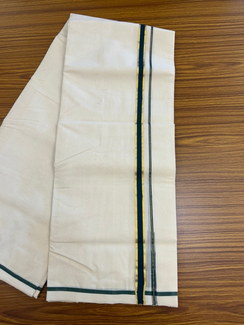 25% DISCOUNT!! KaithariKada HANDLOOM MILPAAV Balaramapuram - 100% PURE Cotton OFF White Double - (Unbleached) Mundu/Dothi - 80x90 - 0.75 Inch Kasavu Dark Green Puliyilakkara chutty - 67KK5234 RAM