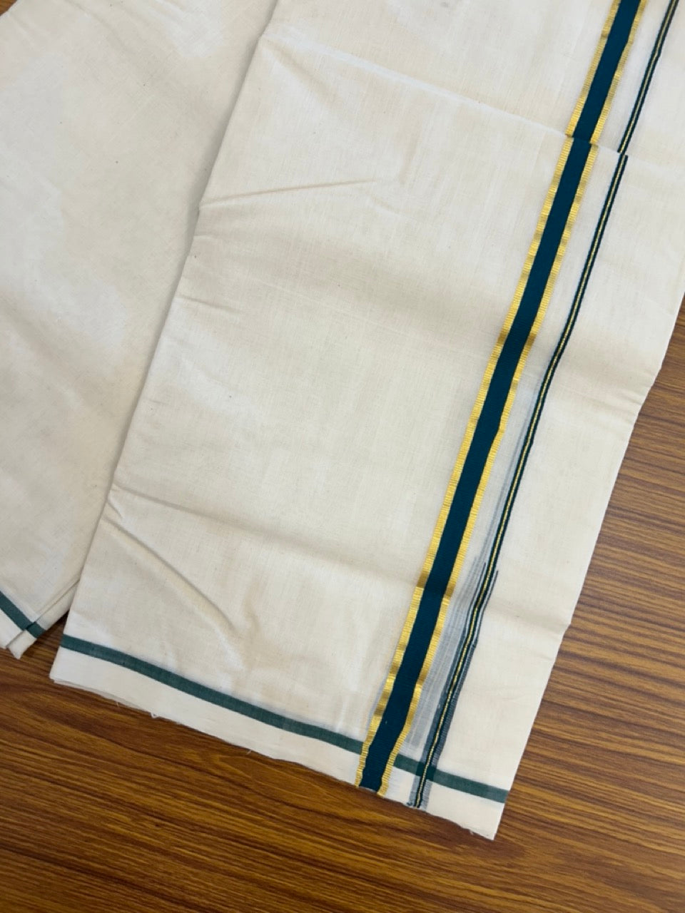 25% DISCOUNT!! KaithariKada HANDLOOM MILPAAV Balaramapuram - 100% PURE Cotton OFF White Double - (Unbleached) Mundu/Dothi - 80x90 - 0.75 Inch Kasavu Dark Green Puliyilakkara chutty - 67KK5234 RAM